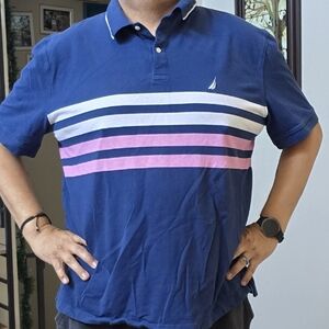 Nautica Men's Polo in Blue with White and Pink Stripes
